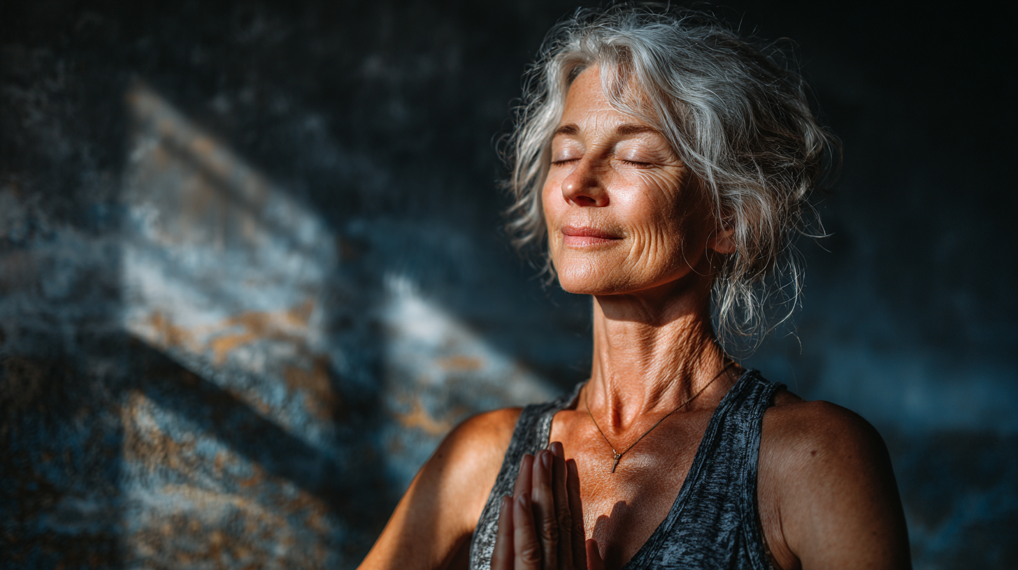 Группа людей старшего возраста занимается йогой в парке